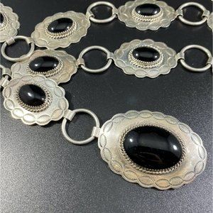 Native American Navajo JF Sterling Silver Black Onyx Belt Vtg Heavy Signed